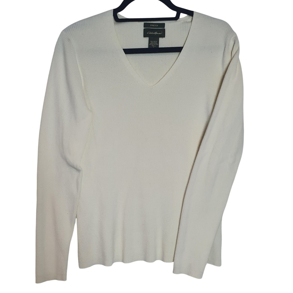 Eddie Bauer‎ Womens Cream Ribbed V-Neck Stretch Sweater Tall Large Long Sleeve